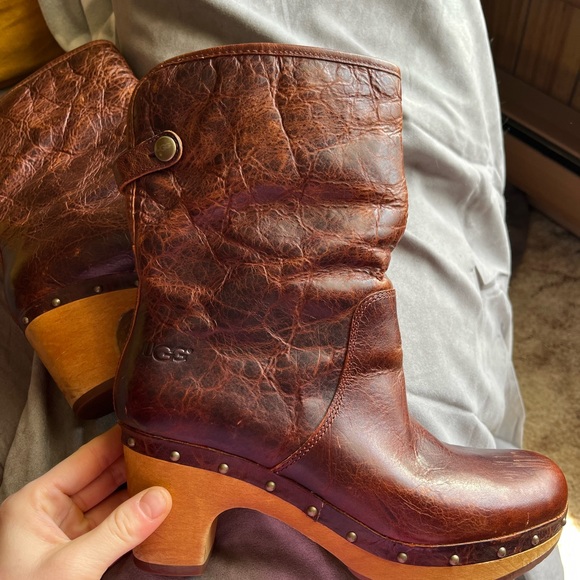 UGG Lynnea Ii Leather Wool Fold Over Mid Clog Boots Size 7 brown - Picture 1 of 5